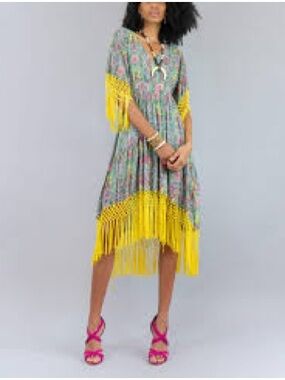 Boho High-Low Fringe Dress with Yellow Trim VGUC
